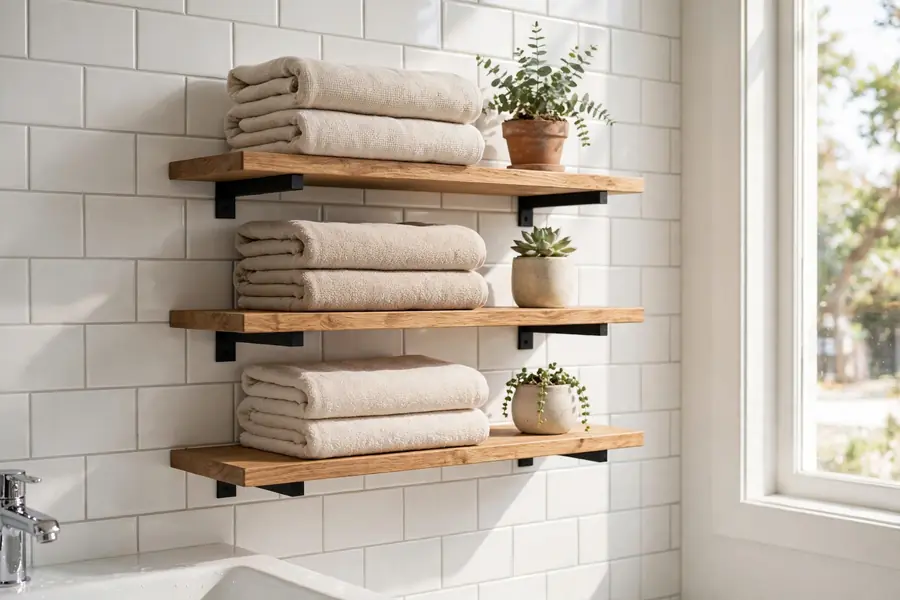 Styled shelves with folded towels and small plants on a bathroom wall