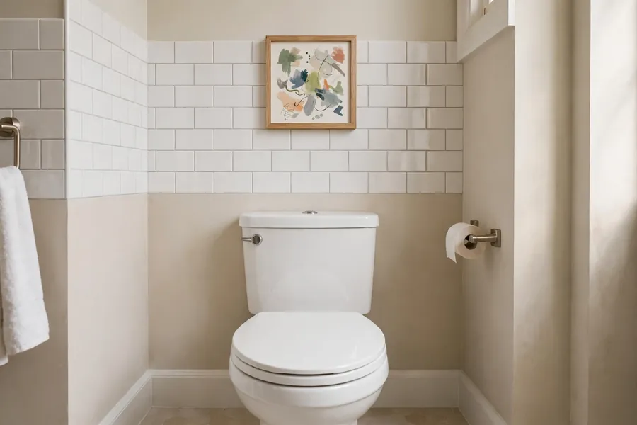 Small framed abstract piece above a toilet in a bathroom