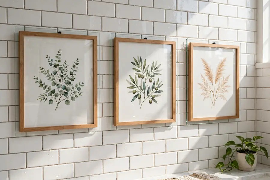 Framed prints sealed under glass on a bathroom wall