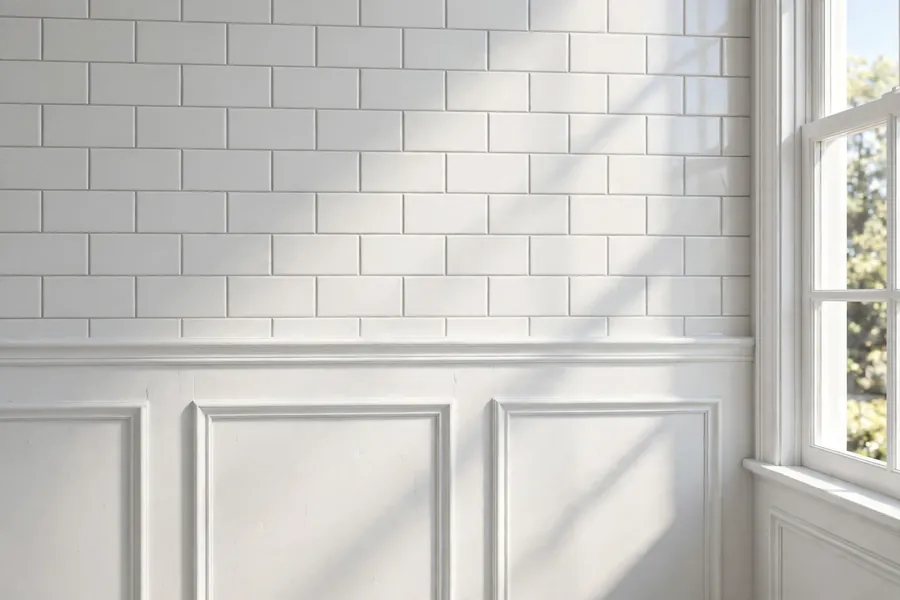 White subway tile above white wainscoting on a bathroom wall