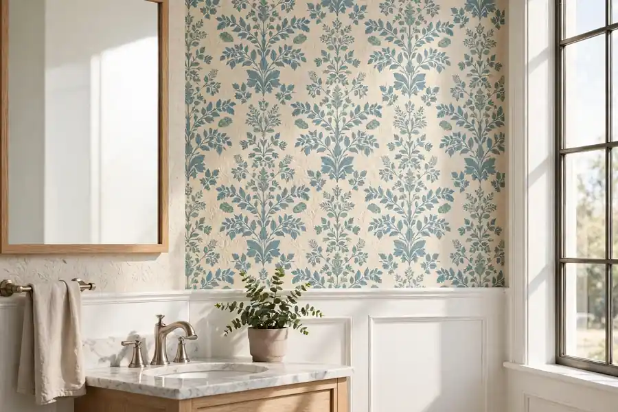 Patterned wallpaper on the dry wall of a bathroom