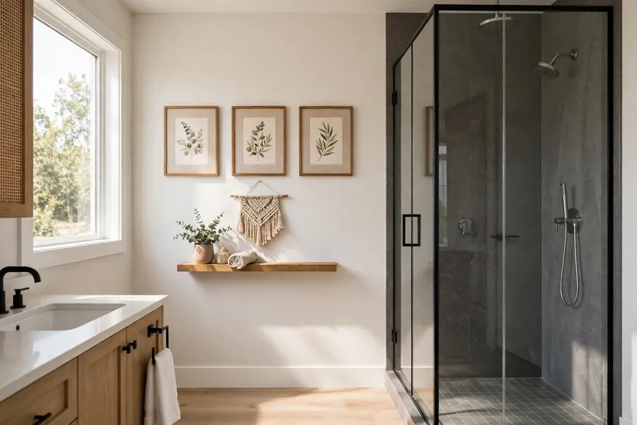 Bathroom with wall decor on the dry wall opposite the shower
