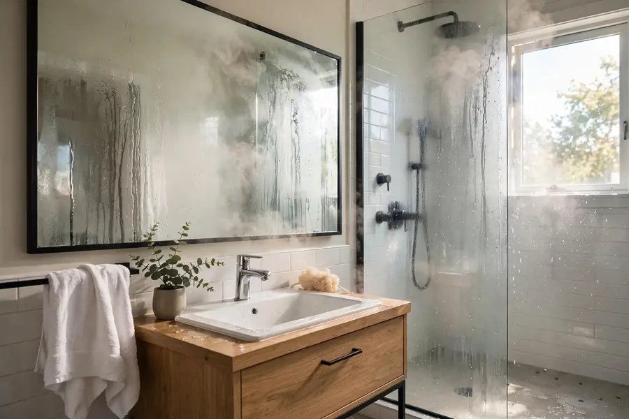 Steamy bathroom with a fogged mirror after a hot shower