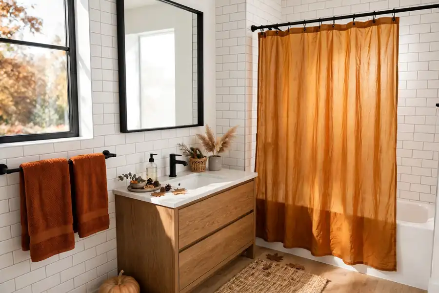 Bathroom with rust towels, amber curtains, and warm wood