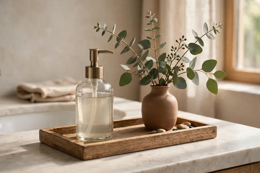 Counter tray with a soap dispenser and a vase of eucalyptus