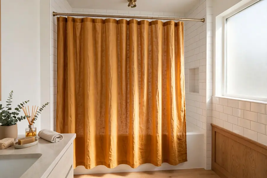 Warm amber shower curtain in a bright bathroom