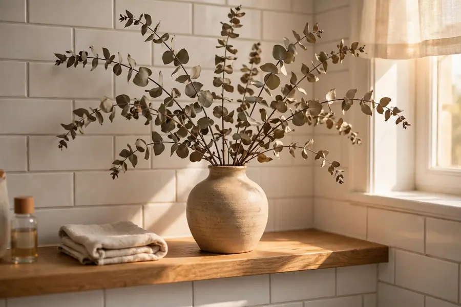 Dried eucalyptus stems in a vase on a bathroom shelf