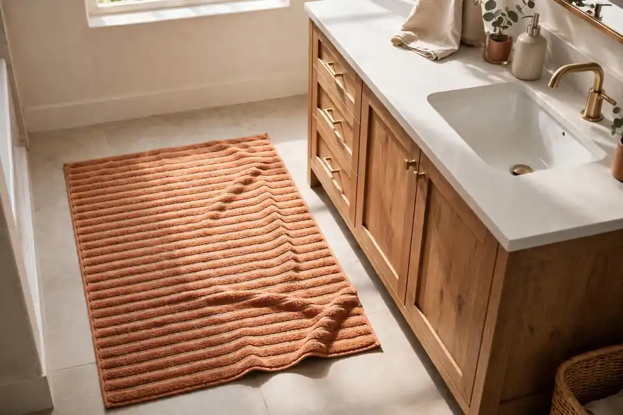Warm rust ribbed bath mat beside a wood vanity