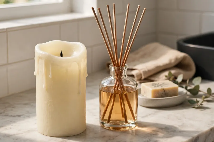 Unlit pillar candle and reed diffuser on a bathroom counter