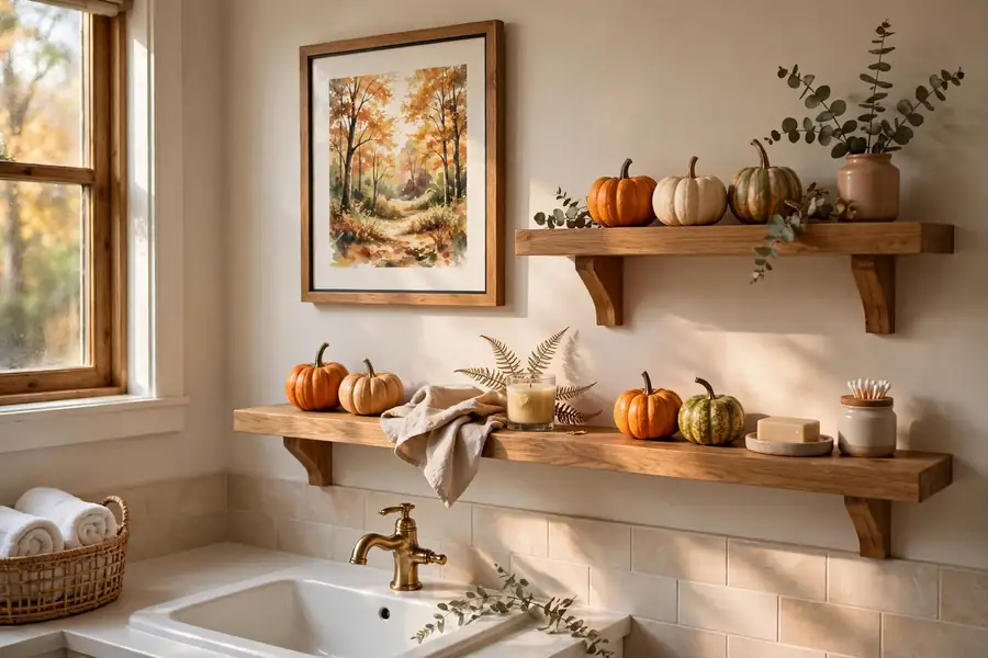 Bathroom shelves with small pumpkins and a framed autumn print