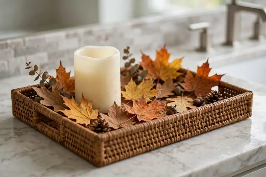 Tray with autumn leaves and an unlit pillar candle on a bathroom counter