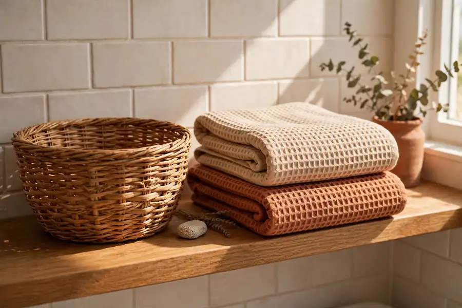 Woven basket and waffle-weave towels on a bathroom shelf