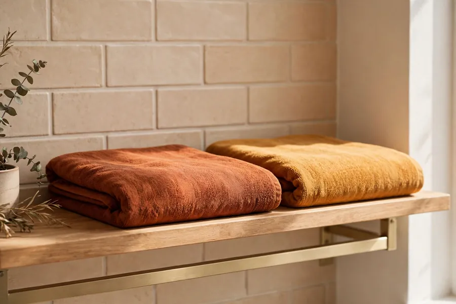 Rust and ochre towels folded on a bathroom shelf