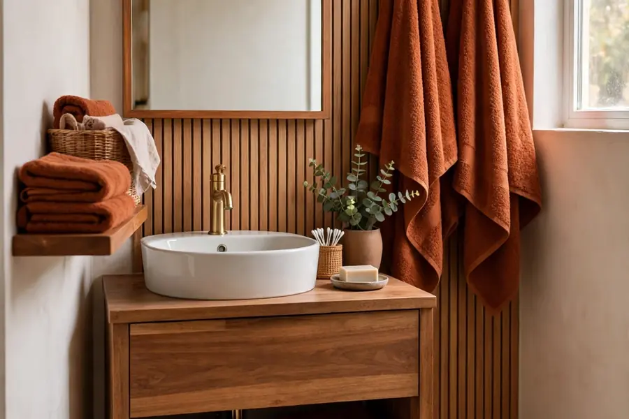 Small bathroom with rust towels and a warm wood vanity
