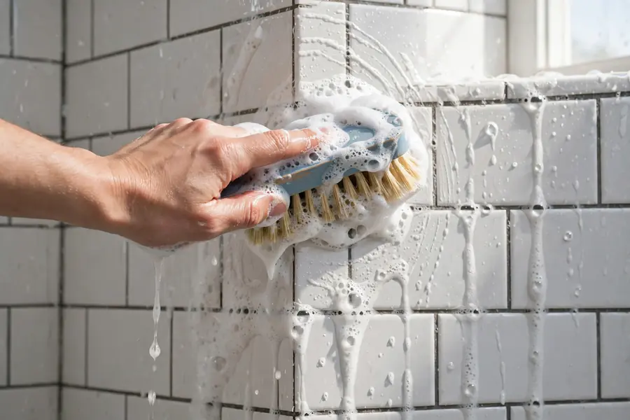 Hand scrubbing shower wall tile with a brush and soapy water
