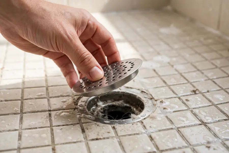 Hand lifting a round shower drain cover