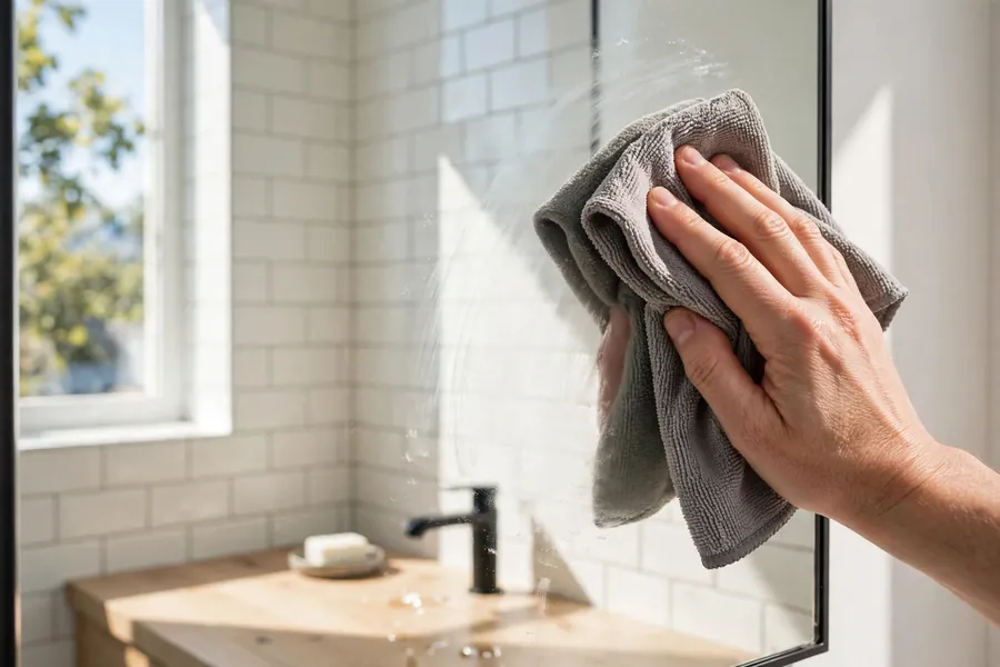 Hand wiping a bathroom mirror with a dry cloth