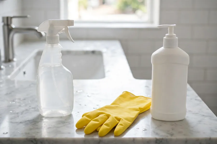 Two cleaner bottles kept apart on a bathroom counter with gloves