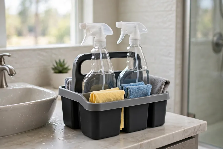 Cleaning caddy with spray bottles and cloths on a bathroom counter