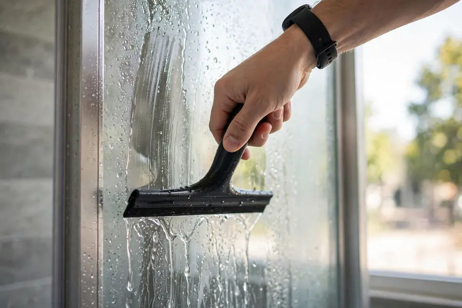 Hand pulling a squeegee down a glass shower door