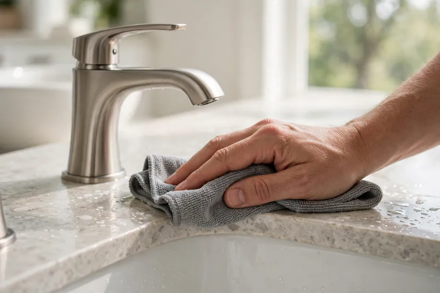 Hand wiping a vanity countertop around a faucet
