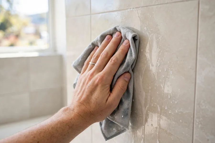 Hand wiping a large bathroom wall tile with a cloth