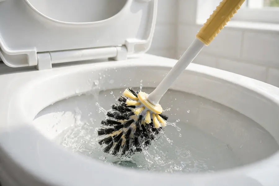 Toilet brush scrubbing inside a white toilet bowl