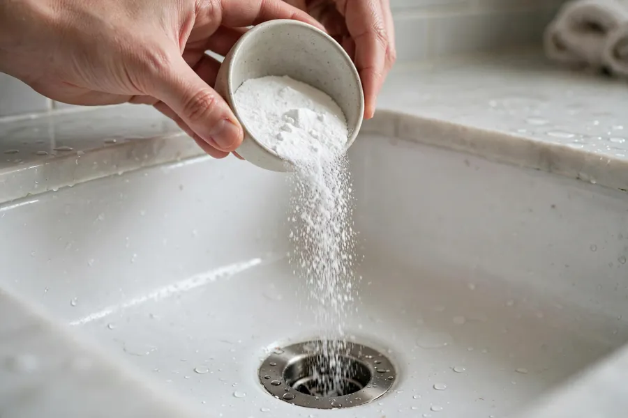 Baking soda being poured into a bathroom sink drain