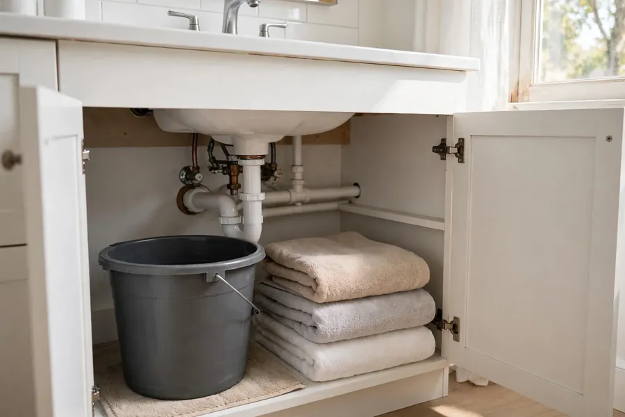 Bucket and folded towels placed under a bathroom sink