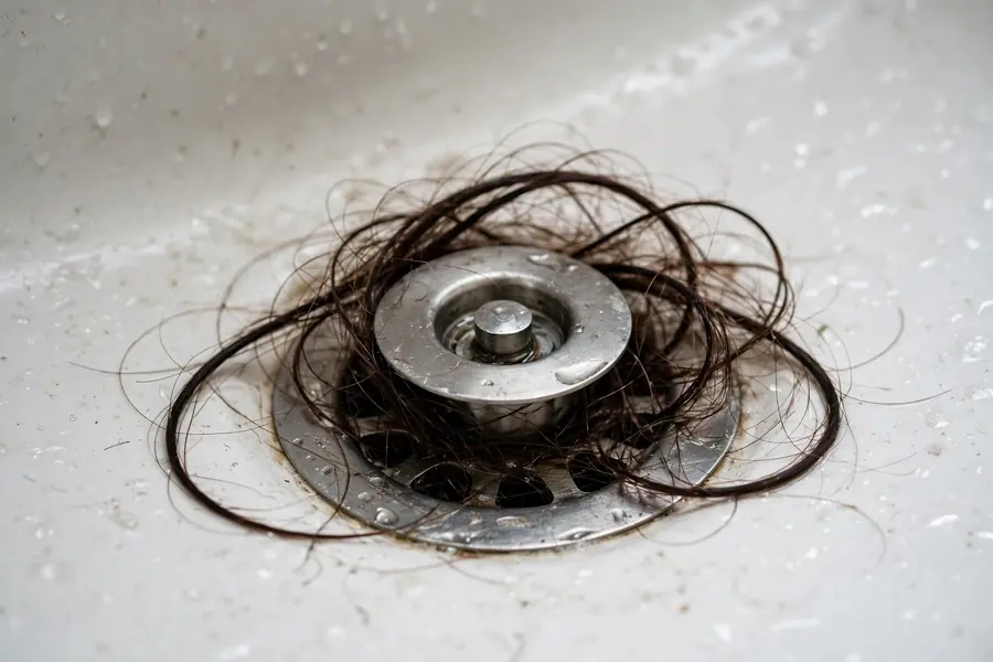 Hair caught around a bathroom sink drain stopper