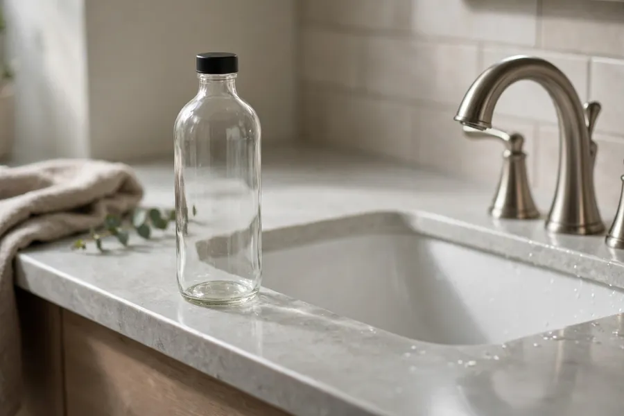 Plain unmarked bottle standing beside a bathroom sink