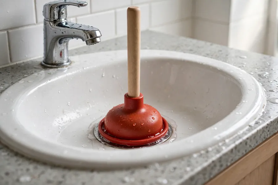 Cup plunger sealed over a bathroom sink drain
