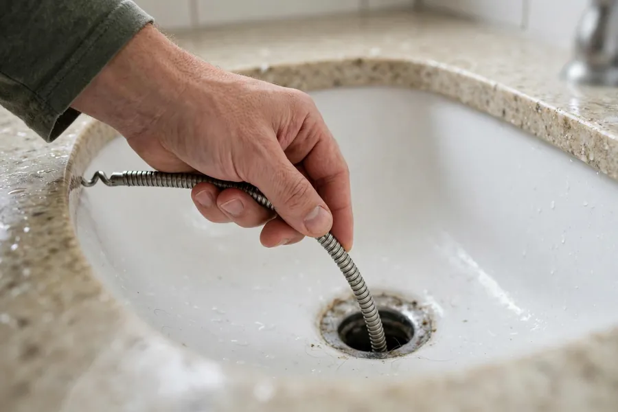 Hand feeding a drain snake into a bathroom sink drain