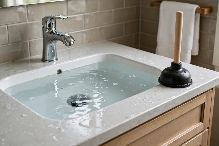 Bathroom sink full of standing water with a plunger beside it