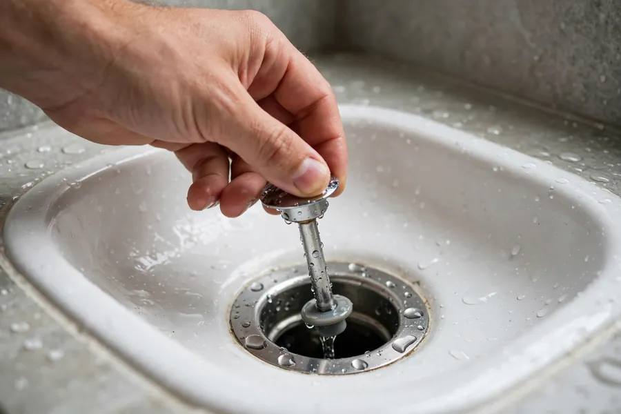 Hand lifting a pop-up sink stopper out of a bathroom drain