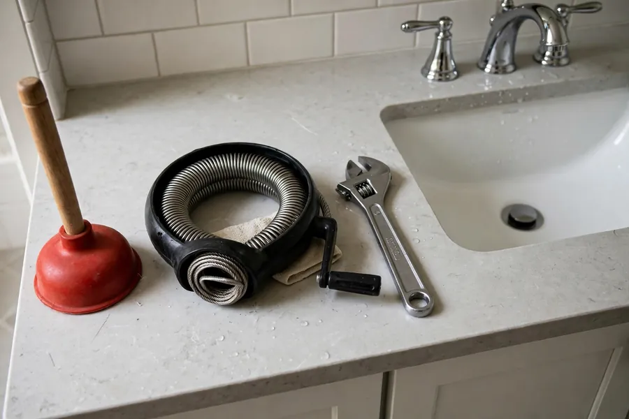 Cup plunger, drain snake, and wrench laid out beside a bathroom sink