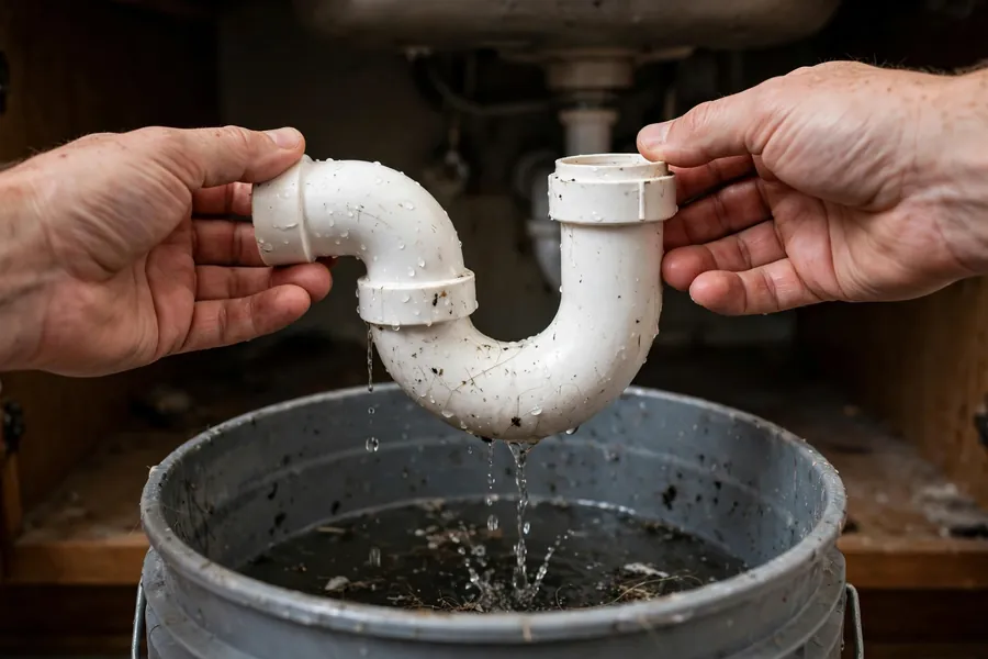 P-trap removed from under a bathroom sink held over a bucket