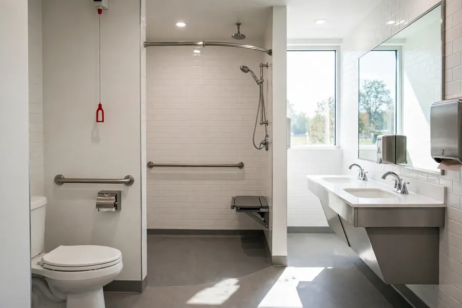 Accessible shared bathroom with a grab bar and a roll-in shower