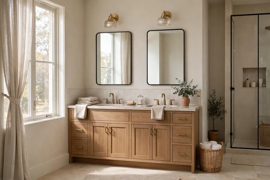 Shared bathroom decorated in neutral colors with a double vanity