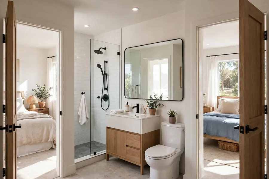 Shared bathroom with a door at each end opening to a bedroom
