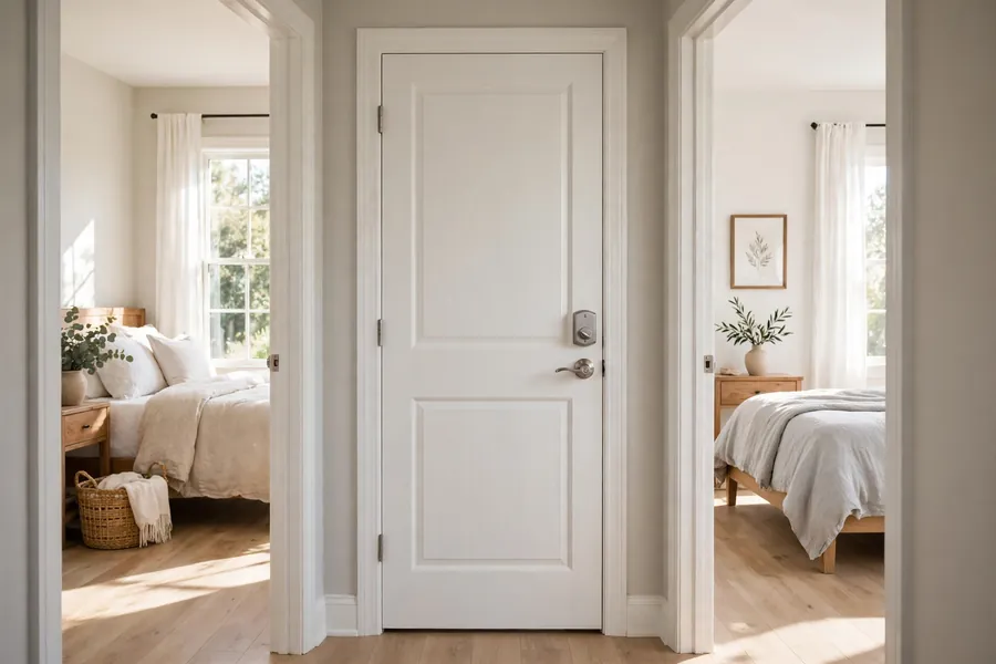 Bathroom door with a privacy lock between two bedrooms