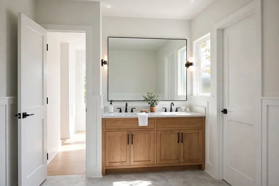 Shared bathroom with a central double vanity and doors on both sides