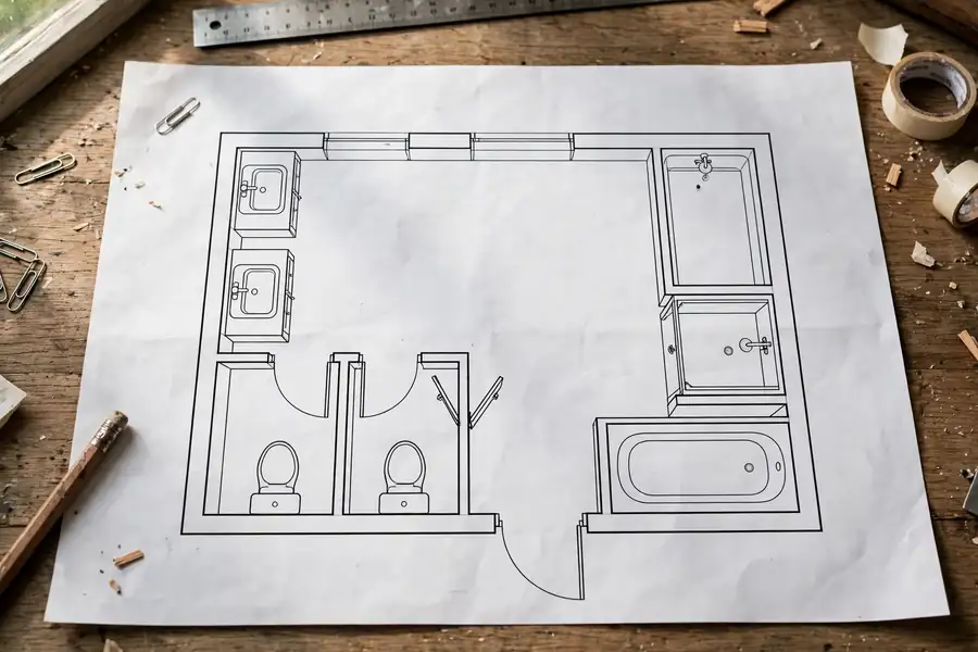 Floor plan drawing of a shared bathroom on a table