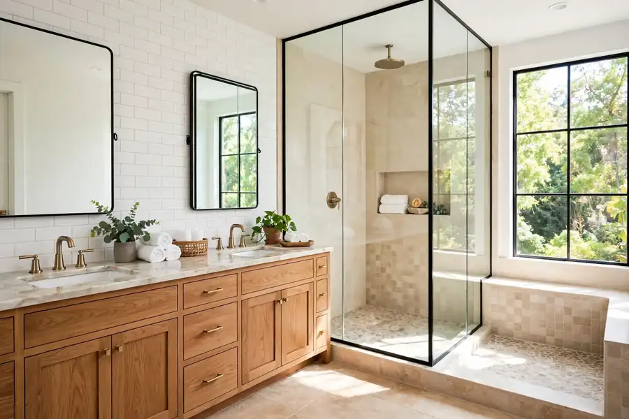 Bright shared bathroom with a double vanity and a glass shower