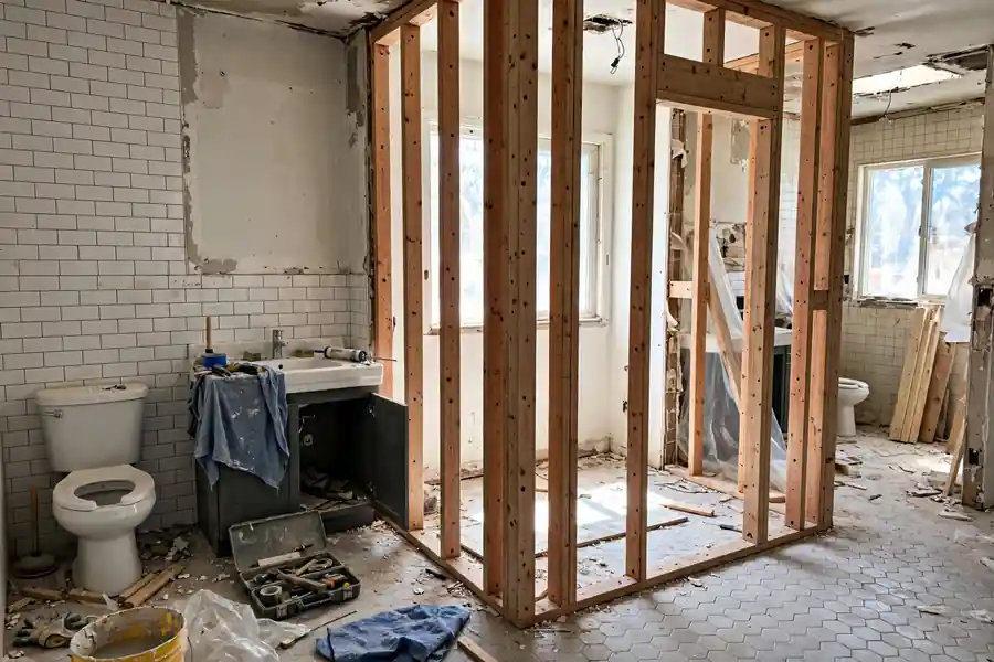 Shared bathroom mid-remodel with a new partition wall framed