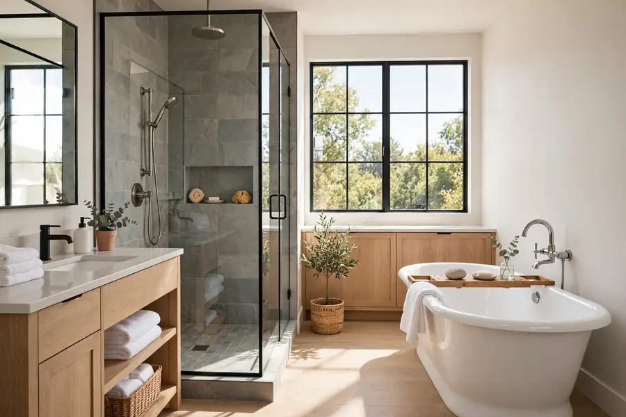 Shared bathroom with a walk-in shower and a separate bathtub