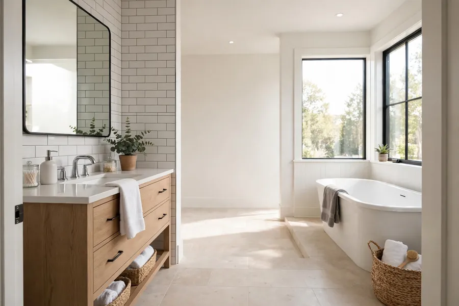 Shared bathroom with clear open floor space between the vanity and the tub