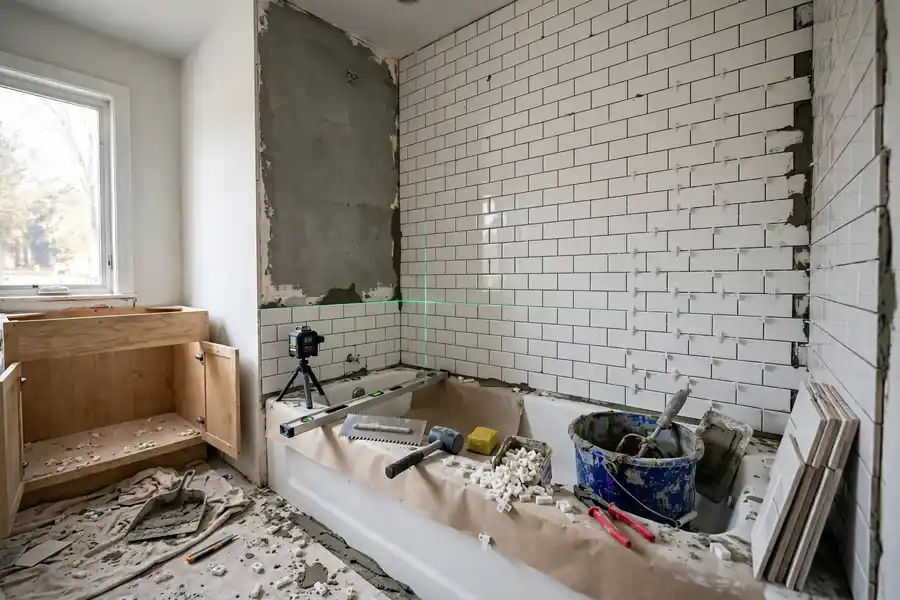 Primary bathroom mid-remodel with new wall tile being set