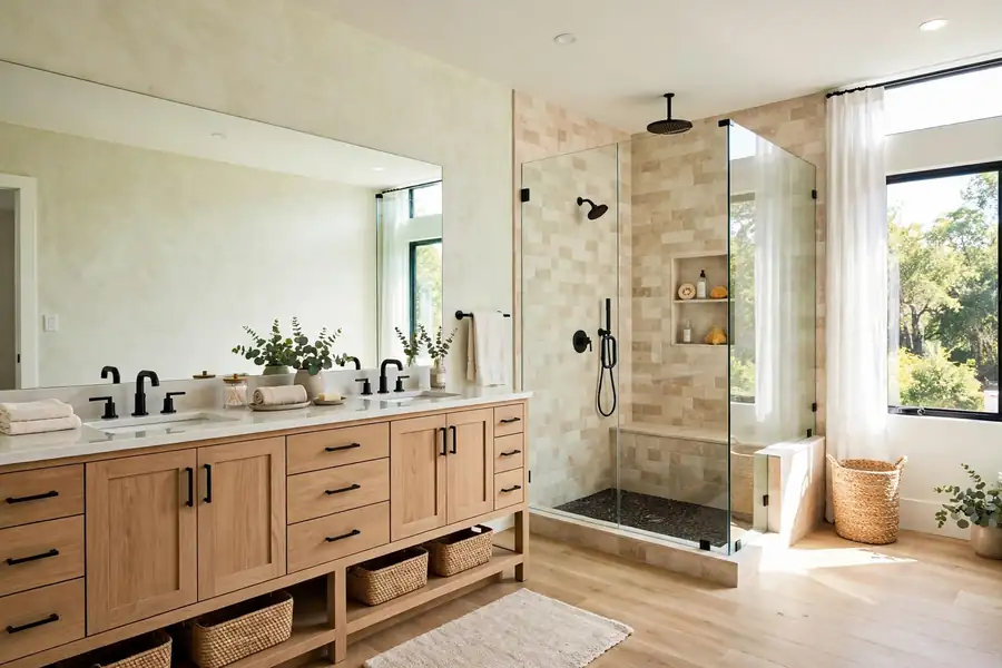 Wide primary bathroom with a double vanity and a walk-in shower