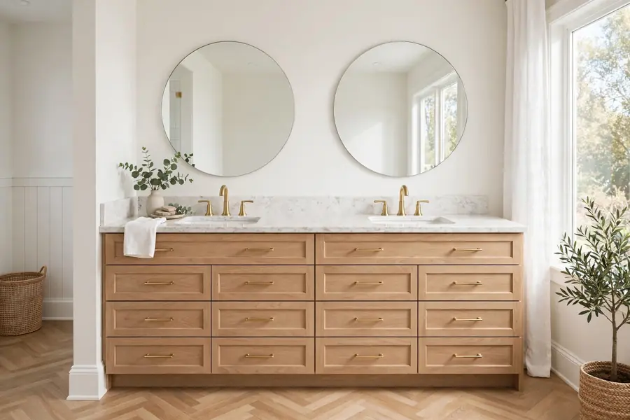 Double vanity with two sinks and drawers in a primary bathroom